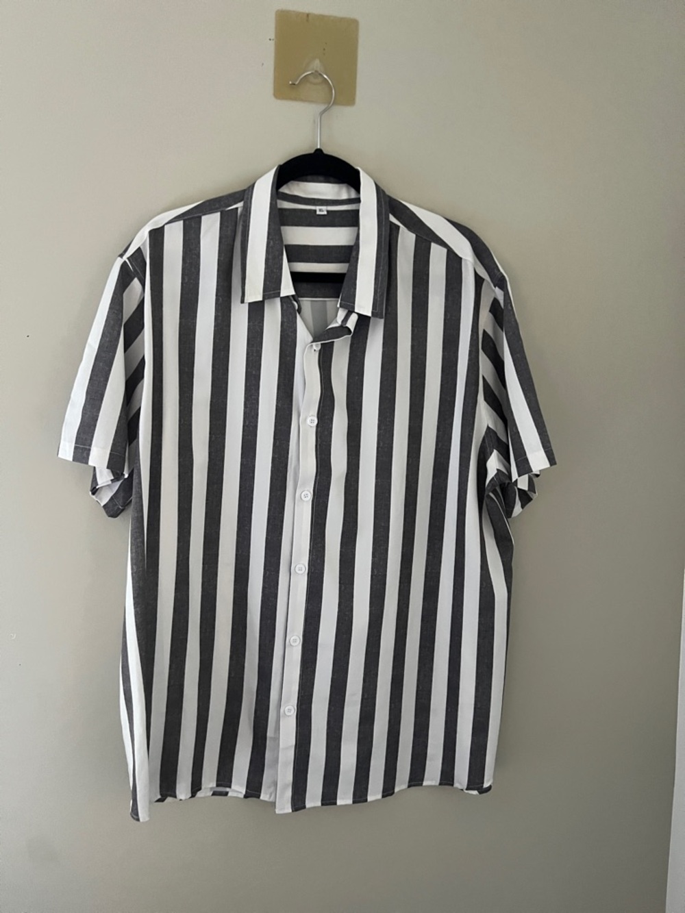Grey and White Vertical Stripe Short Sleeve Button-Up Shirt, Size XL